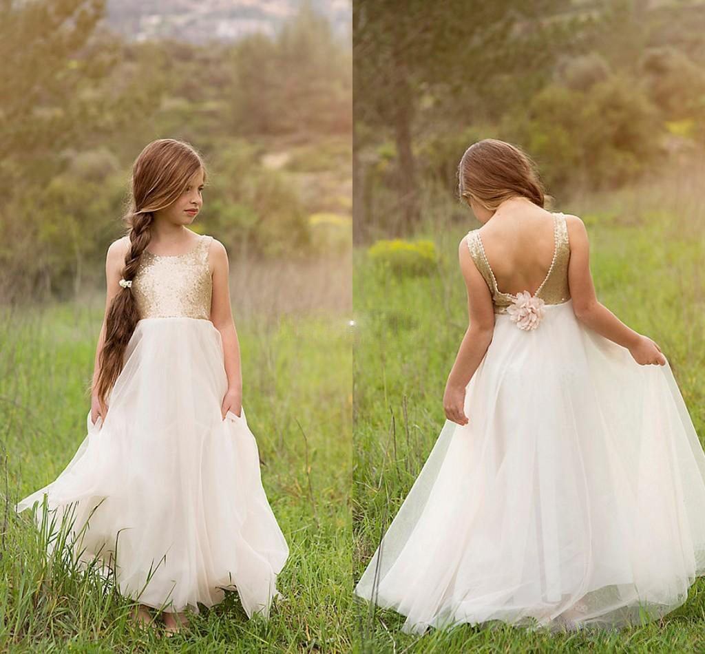 White/Ivory Flower Girl Dresses Gold Sequins Chiffon Backless Flower
