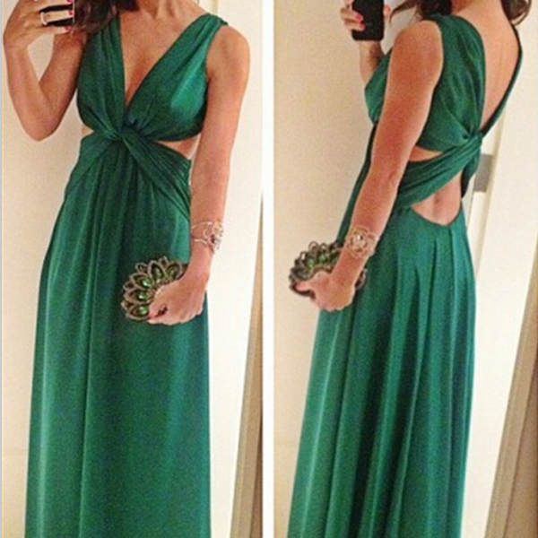Long Backless Prom Dress,Green Chiffon Prom Dress,Aline Sexy Prom